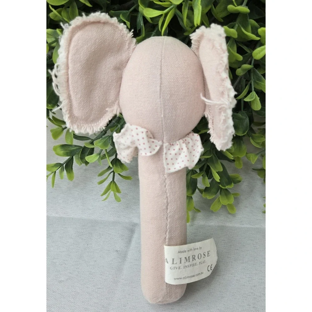 ALIMROSE Designs Elsie Elephant Baby Stick Rattle Pink Polka Dot Cotton Plush